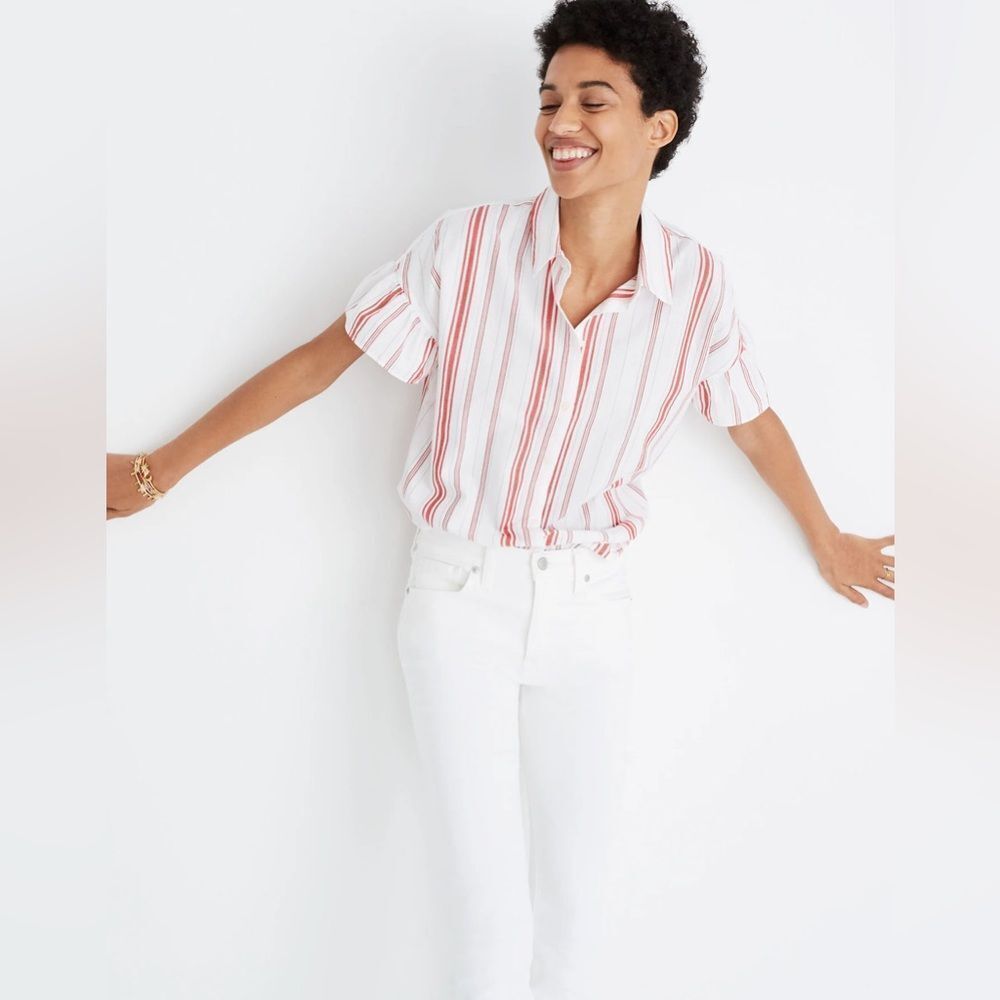 NEW Madewell Central Ruffle-Sleeve Shirt in Carey Stripe Red and White Size XS